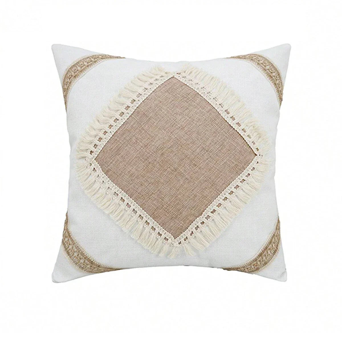 Bohemian Cushion Cover - Geometric Beige & Fringe
