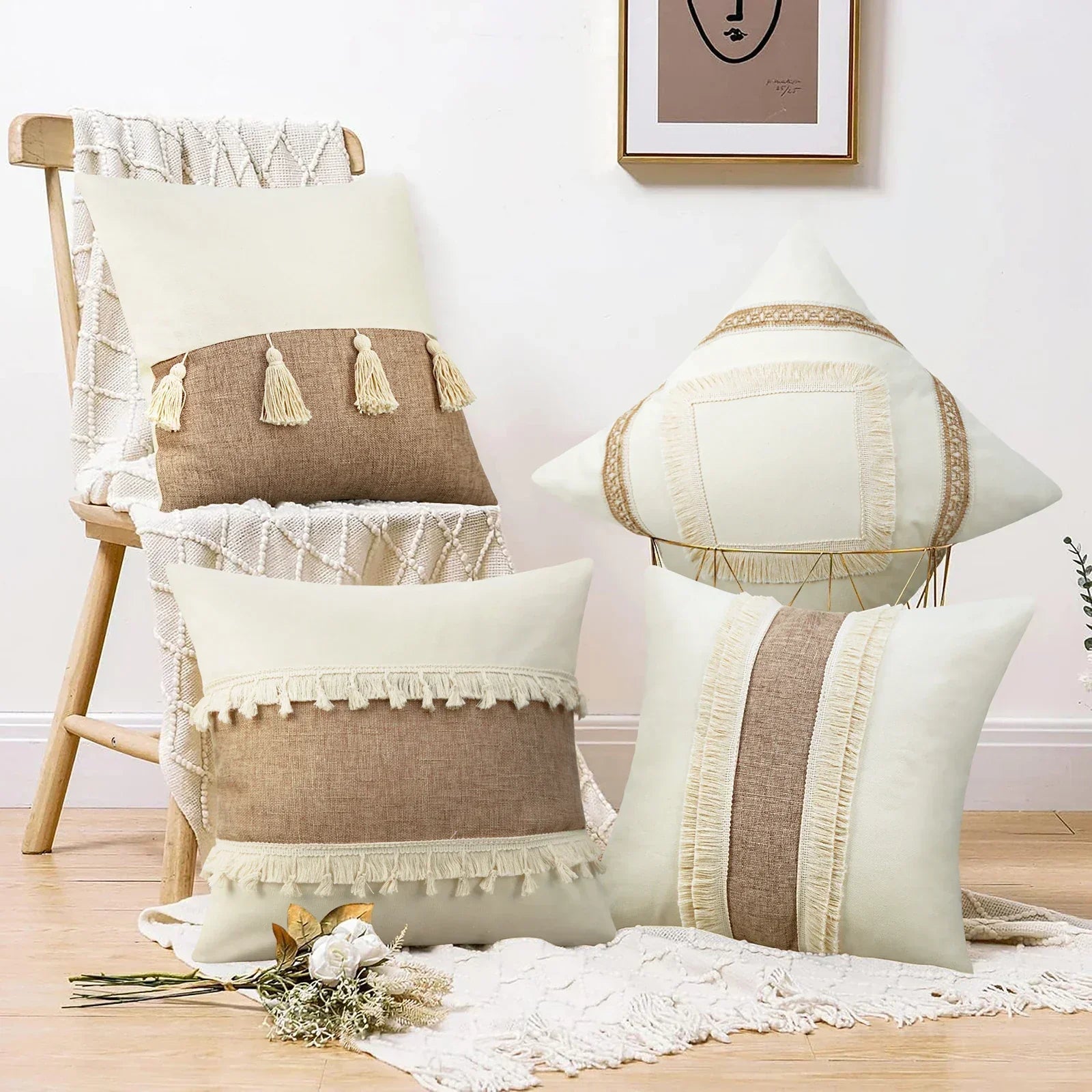Bohemian Cushion Cover - Geometric Beige & Fringe