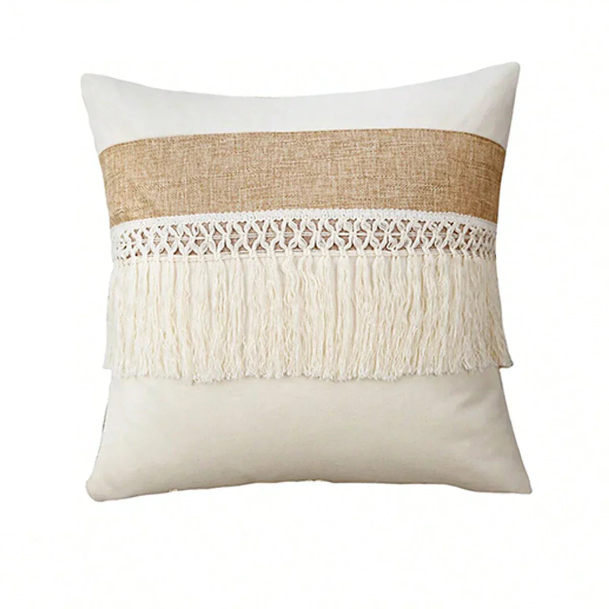Bohemian Cushion Cover - Geometric Beige & Fringe