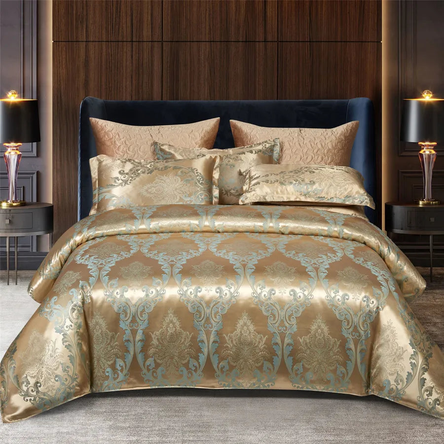 Satin Jacquard Duvet Cover - Gold & Blue Luxe