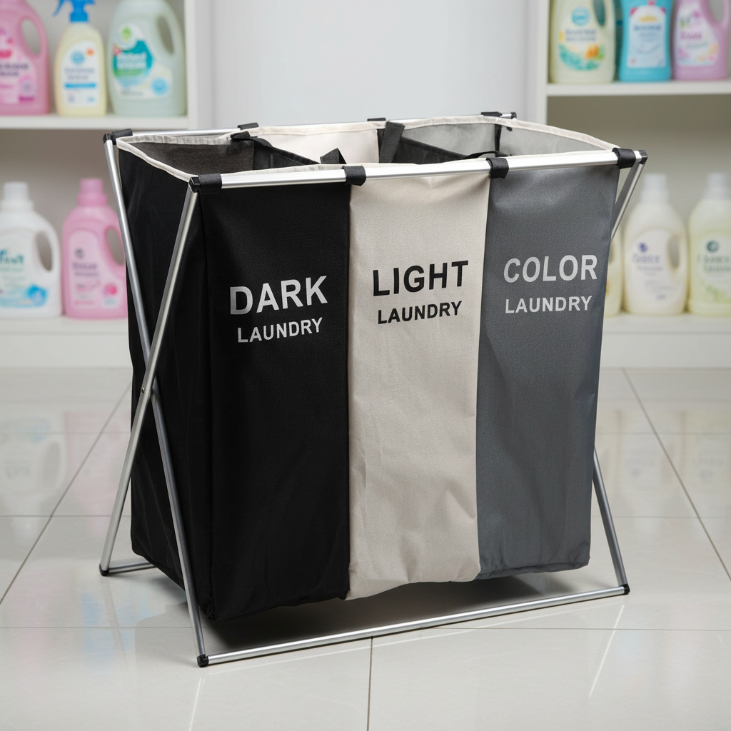 TriOrganize | Laundry Hamper with Three Compartments | Durable Fabric and Metal Design for Efficient Sorting 0