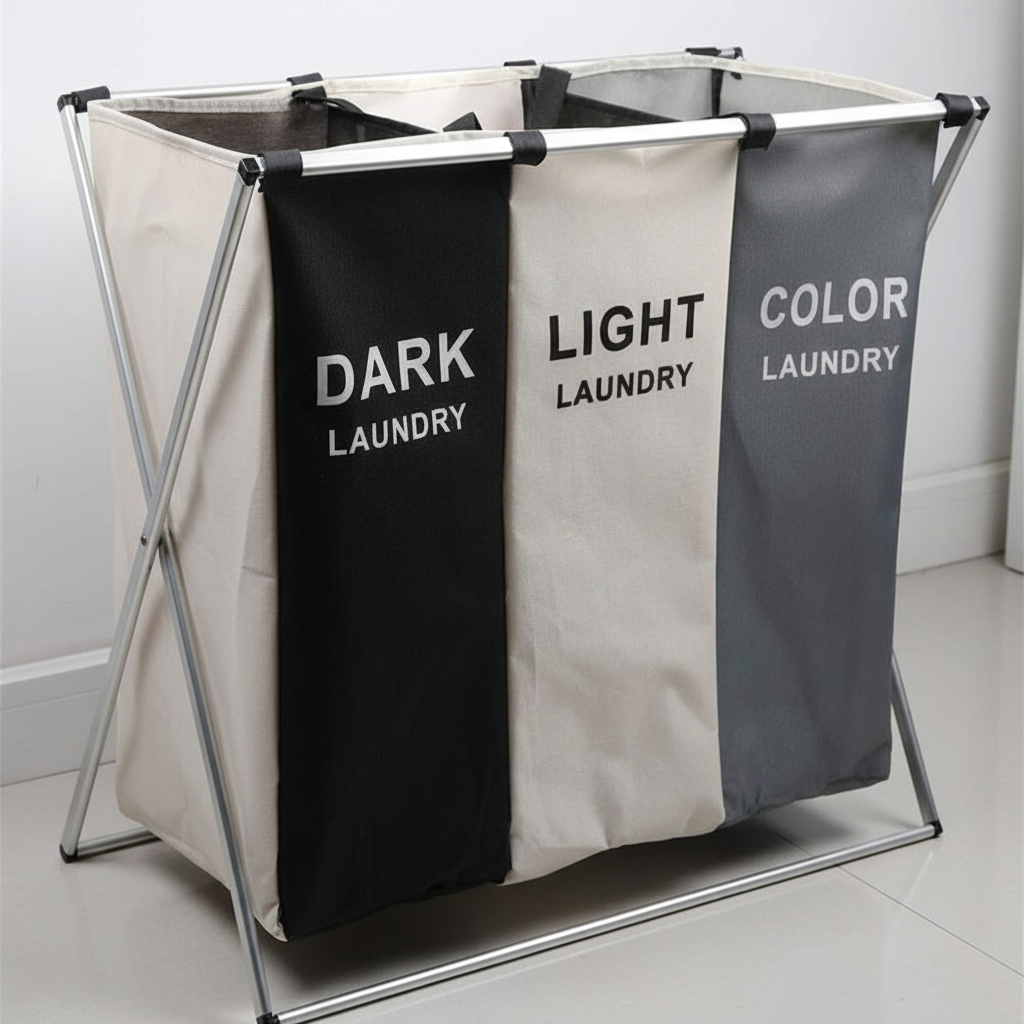 TriOrganize | Laundry Hamper with Three Compartments | Durable Fabric and Metal Design for Efficient Sorting 2