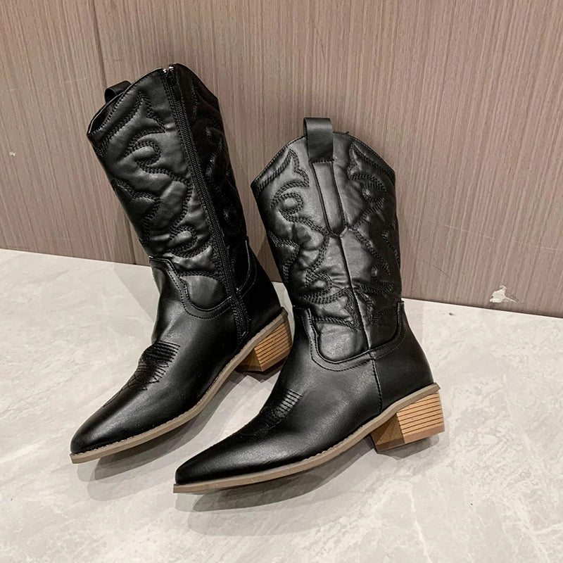 Women's Retro Western Cowboy Boots - Stylish Leather Footwear for Everyday Adventures 1