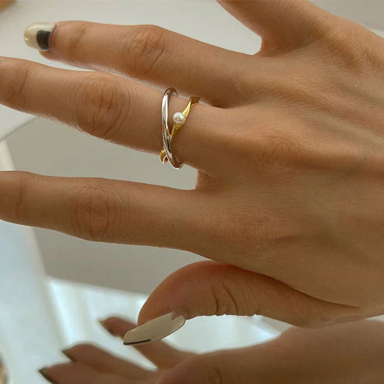 Alina - Sterling Silver Crossed Ring with Pearl for Women