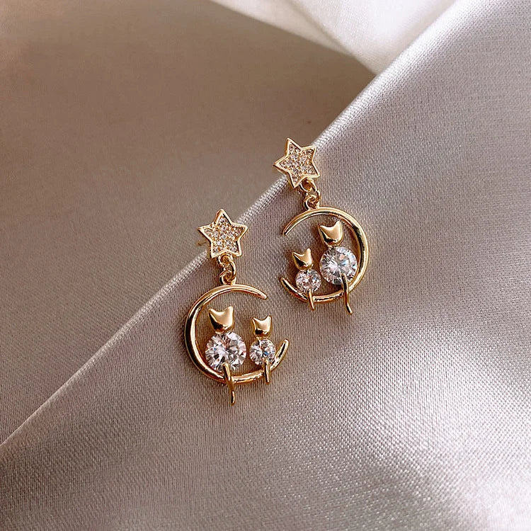 Feline Glamour - Gold Cat Earrings with Zirconia for Women