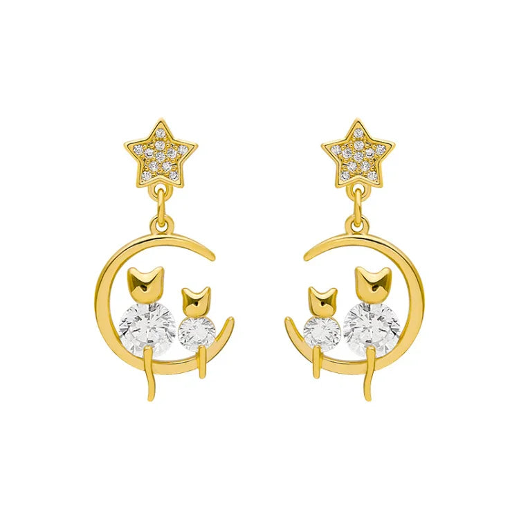 Feline Glamour - Gold Cat Earrings with Zirconia for Women