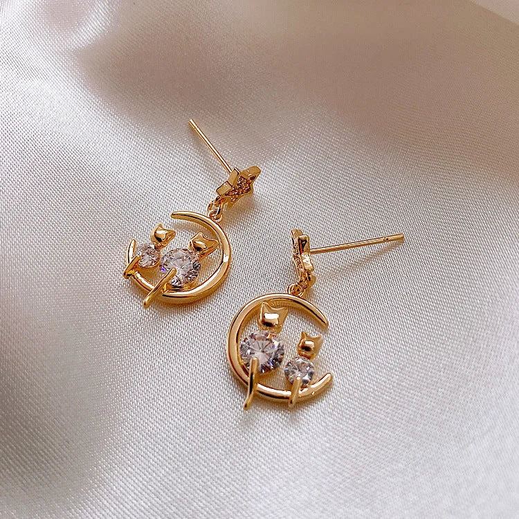 Feline Glamour - Gold Cat Earrings with Zirconia for Women