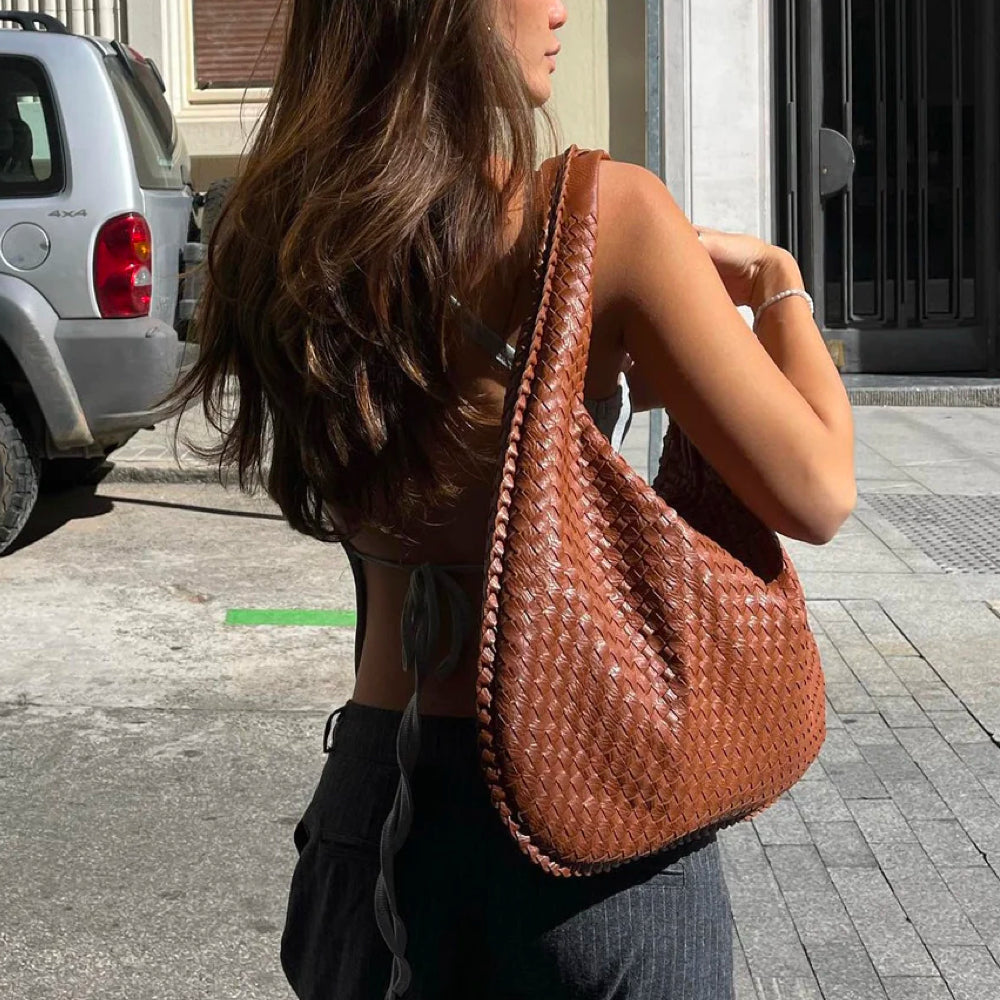 WeaveLux - Elegant Large Woven Shoulder Bag for Women