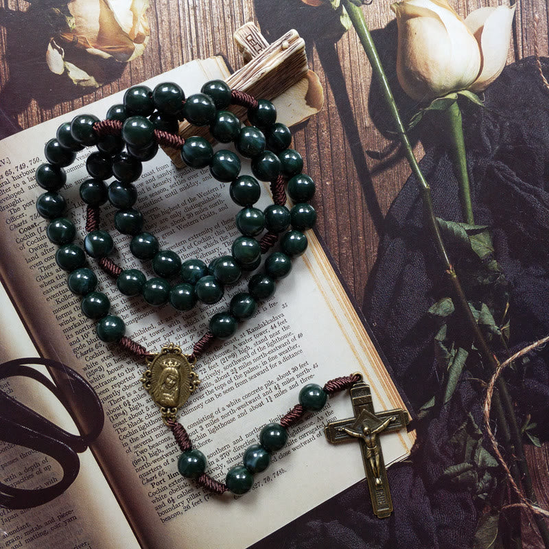 Celeste - Moss Agate Cross Rosary Necklace for Women