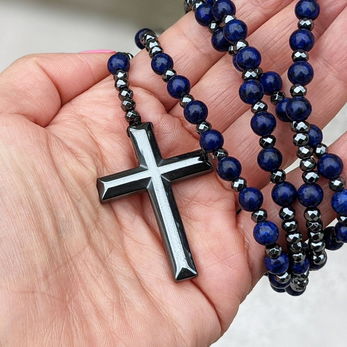 Orion Cross Rosary Necklace - Tiger Eye & Lapis Lazuli