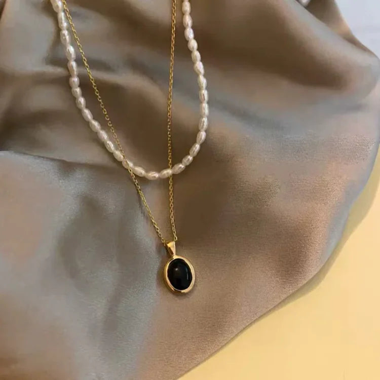 Aria - Black Onyx and Pearl Stacking Necklace for Women