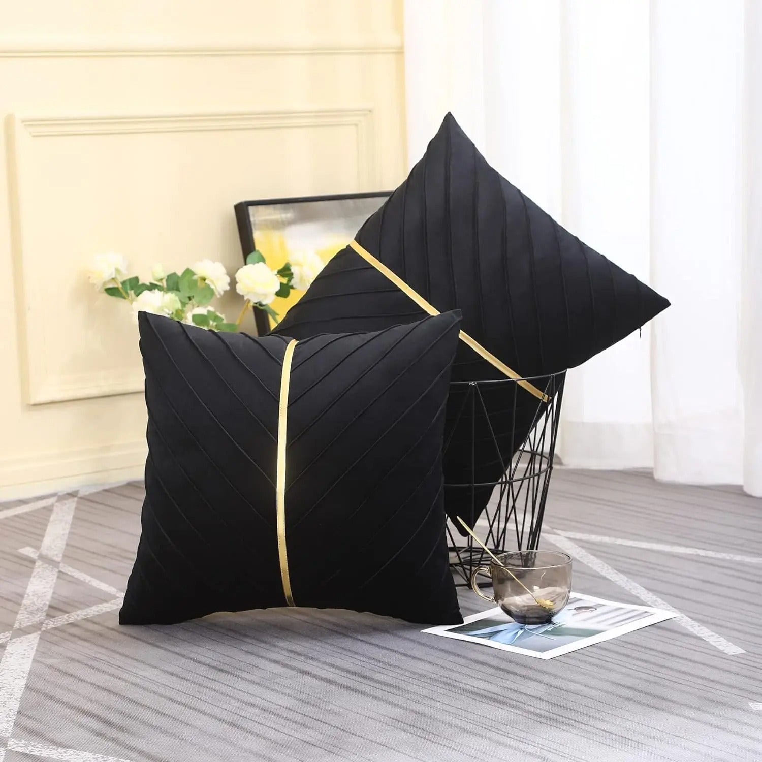 Noir Elegance Cushion Cover - Gold Sequin Velvet