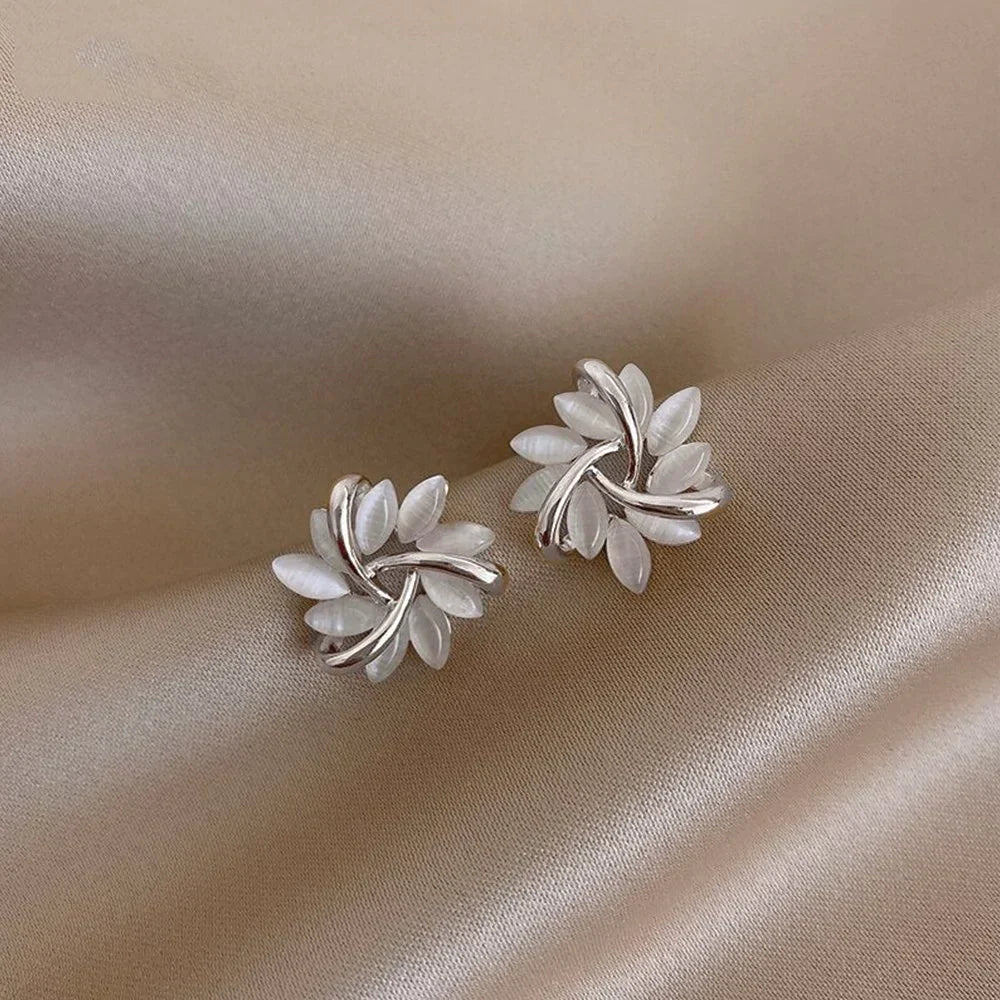 Amara - Gold Flower Stud Earrings with Round Opals for Women