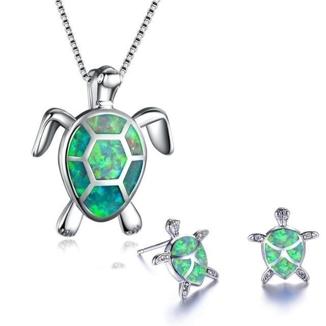 Marinella - Silver Sea Turtle Necklace & Earrings Set for Women