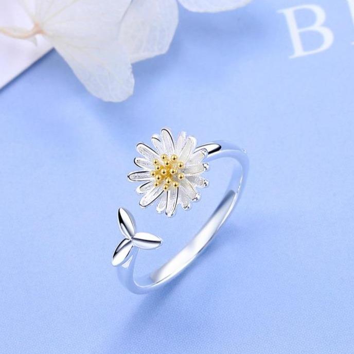 Helios - Adjustable Silver Sunflower Ring for Women